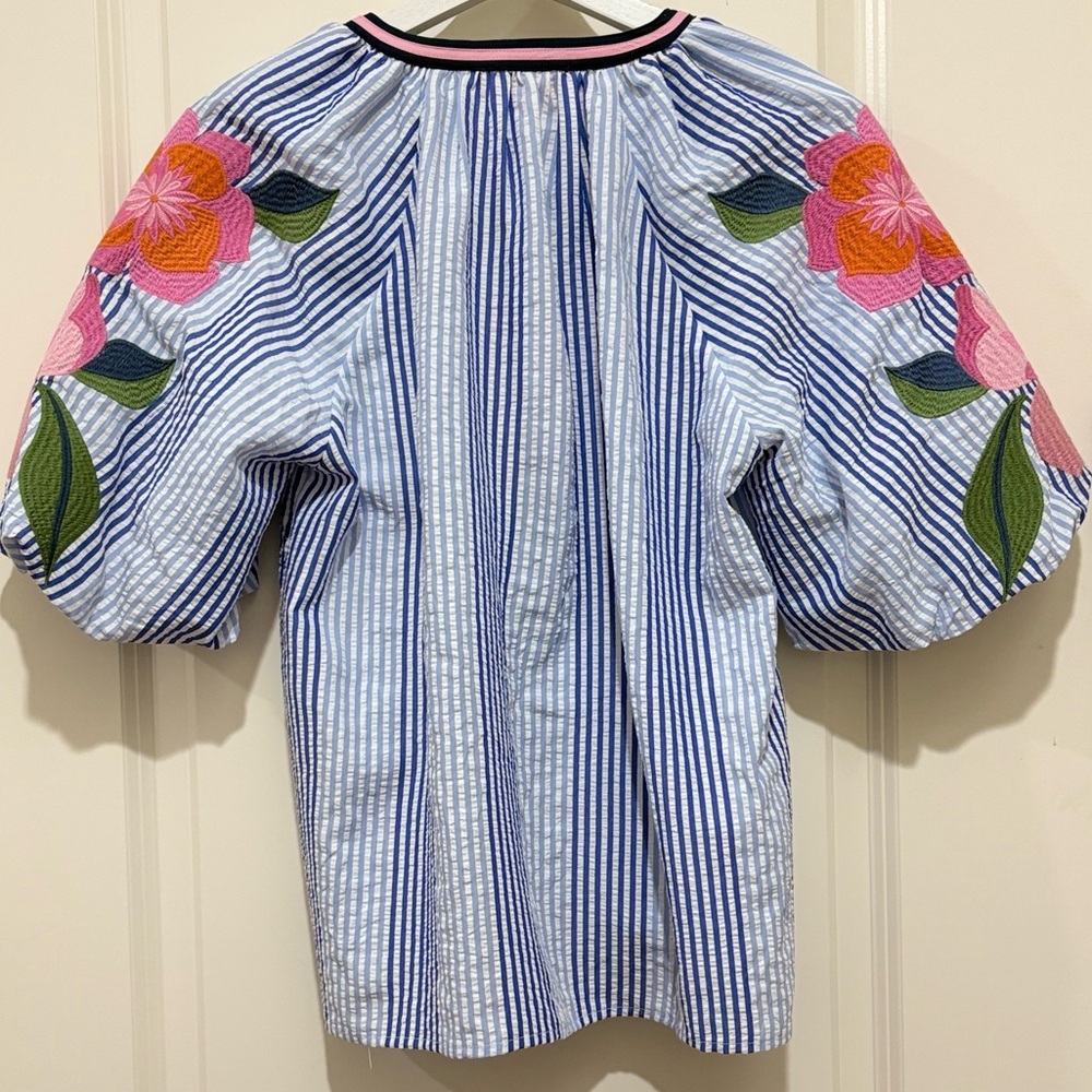 THML Coleen Top in Blue & White Stripe,Puff Sleeves With Floral Accents - Picture 9 of 9